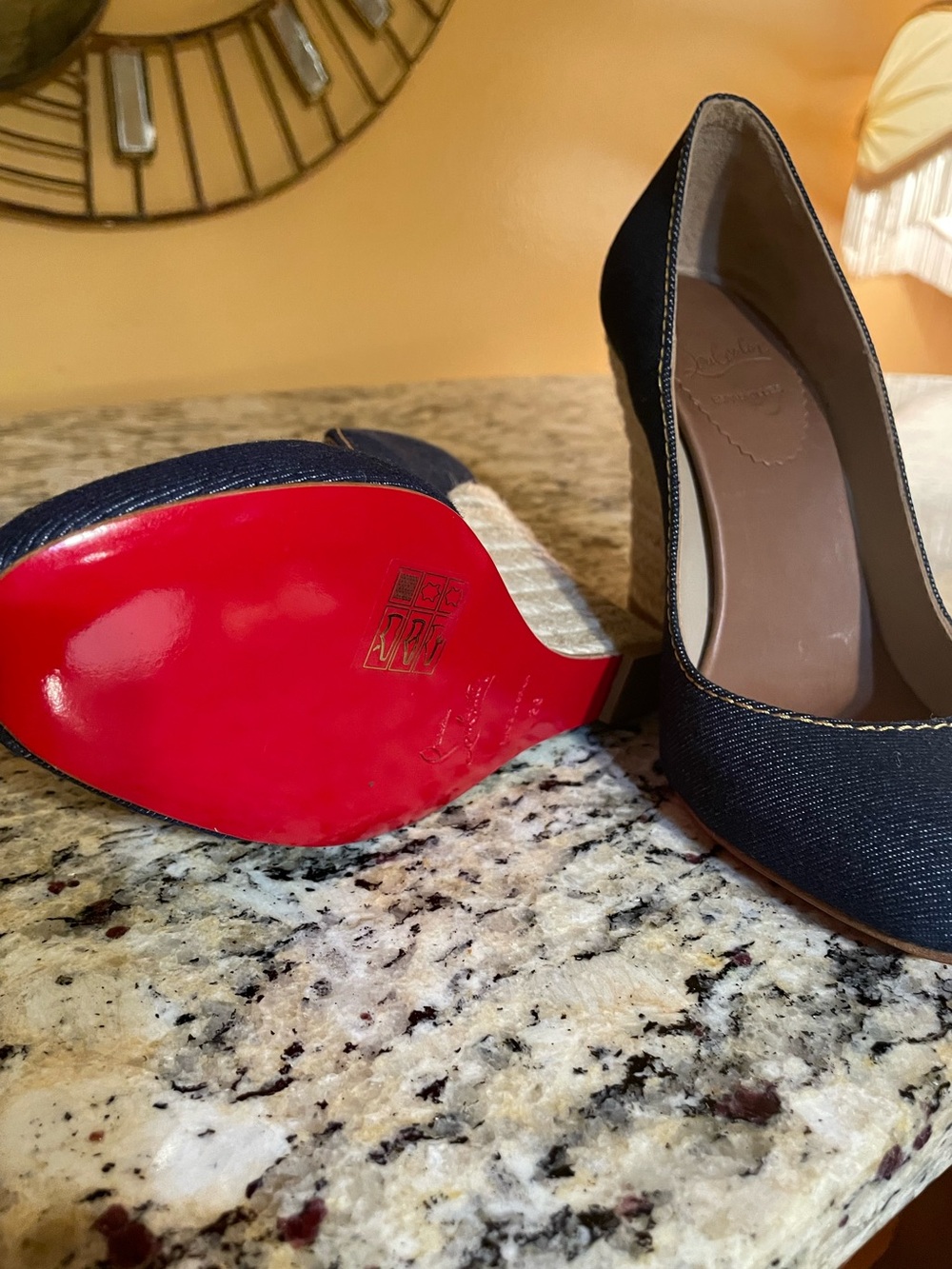 Christian Louboutin Navy Denim Pointed-Toe Pumps with Red Sole